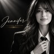 ChatGPT Photo Prompt: Black and white magazine cover style portrait of a woman in a suit with handwritten Jennifer text.
