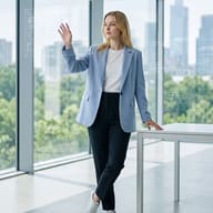 Gemini AI generated portrait of a blonde woman in smart casual business attire interacting with a transparent futuristic UI screen in a bright workspace