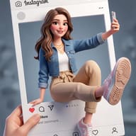 AI generated 3D digital illustration of a smiling girl in a denim jacket taking a selfie inside a handheld Instagram frame.