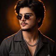 Cinematic Backlit Portrait AI Photo Editing Prompt. AI generated studio portrait of a young man wearing round sunglasses and a silver chain, illuminated by warm orange backlighting.