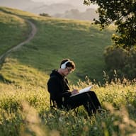 AI Prompt: Photorealistic documentary photograph of a man with silver headphones writing in nature, surrounded by tall grass and layered green hills.