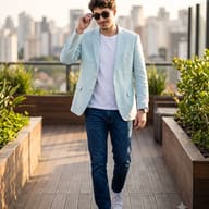 AI Image Prompt: Candid fashion photo of a stylish man with a goatee adjusting his sunglasses while striding across an urban wooden rooftop deck.