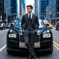 AI generated realistic street style portrait of a young man in a grey three-piece plaid suit leaning against a black Rolls-Royce with legs crossed on a busy city street.