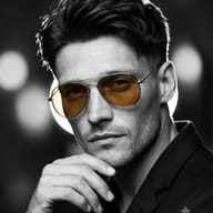 AI Prompt: Moody monochrome photo of a serious man wearing thin-metal aviators with colored amber lenses.