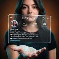 AI Photo Prompt: Blurred woman extending her open palm under a transparent glass Instagram profile interface.