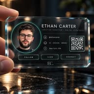 AI Image Prompt: Fingers holding a glowing green-ringed transparent glass ID card of a bearded man.