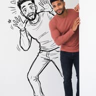 Real Photo with Doodle Art AI Photo Editing Prompt. AI generated mixed-media illustration of a smiling man peeking from behind a white wall next to an excited black-and-white cartoon line drawing of himself.