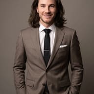 Gemini AI generated Ultra-realistic business portrait of a cheerful man with shoulder-length hair styled in a mushroom-brown tailored suit with hands in his pockets.
