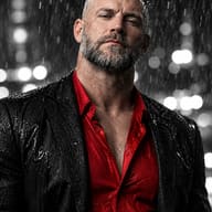 ChatGPT AI Prompt: Cinematic fine-art editorial photograph of a mature man with a short beard in heavy rain; his vivid red shirt stands out in a monochrome scene with city bokeh.