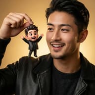 Gemini AI Generated of a smiling man in a leather jacket holds a tiny, cute 3D cartoon version of himself.