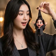Gemini AI Generated Image of a young woman amusingly holds a tiny, smiling 3D cartoon version of herself by the hair.