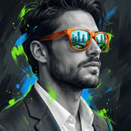 Gemini AI Generated Profile image of a stylish B&W man in a suit wears orange sunglasses reflecting a city, set against neon paint splatters.