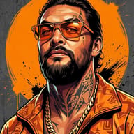 Tattooed Man in Orange Gear AI Illustration Editing Prompt. AI generated digital illustration of a bearded man with neck tattoos wearing orange-tinted sunglasses and a thick gold chain against a vibrant orange and grey backdrop.