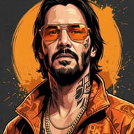 Tattooed Man in Orange Camo Digital Illustration Prompt. AI generated digital illustration of a bearded man with neck tattoos wearing orange aviator sunglasses and a patterned jacket.