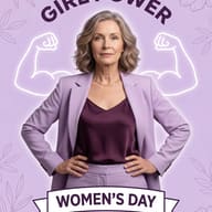 Women's Day Purple Suit Poster AI Photo Editing Prompt. AI generated digital illustration of a confident older woman in a lavender suit with neon flexed muscle outlines and "GIRL POWER" text for International Women's Day.