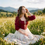 Cottagecore Wildflower Field Photography AI Photo Prompt. AI generated portrait of a woman in a red corset dress in a wildflower field.