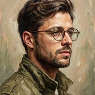 Oil painting portrait of a bearded man with glasses in an olive jacket AI Photo Editing Prompt. AI generated oil painting portrait of a handsome bearded man wearing round glasses and a textured olive jacket with thick impasto brushstrokes.