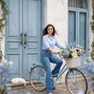 Pinterest Aesthetic AI Photo Prompt. AI generated portrait of a woman on a vintage blue bicycle with a flower basket, posing near pastel blue doors and a sleeping white cat.