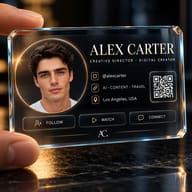 AI Photo Editing Prompt: Close-up of a crystal glass digital profile card featuring a handsome man's portrait.