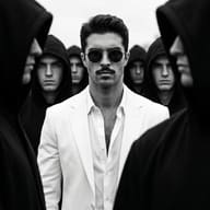 Mustache man in white suit standing out from hooded crowd, AI-generated cinematic portrait art