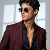 AI generated fashion portrait of a young man with curly hair wearing round sunglasses and a maroon blazer over an open black shirt against a blurred window background.
