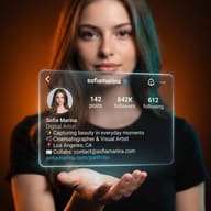 Gemini AI Photo Prompt: Young woman in a dark studio with a glowing holographic Instagram profile above her hand.