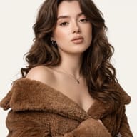 AI Image Prompt: Minimalist studio portrait of an elegant woman in a textured brown faux-fur coat and a delicate star necklace.