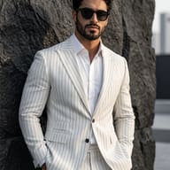 AI generated realistic portrait of a stylish bearded man wearing sunglasses and a white pinstripe suit leaning against a dark stone wall with hands in pockets.