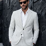 Men's High-Fashion AI Photo Editing Prompt. AI generated realistic portrait of a handsome bearded man in a white pinstripe suit and sunglasses leaning against a dark stone wall.