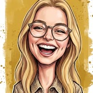 AI Generated Expressive digital painting of a laughing blonde woman with round glasses and a textured collared shirt against a warm yellow background.