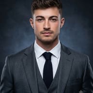 AI generated studio portrait of a young man, wearing a grey three-piece suit and navy knit tie against a dark grey backdrop.