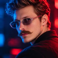 ChatGPT Photo Prompt: Photorealistic neon portrait of a man with a mustache and transparent glasses looking back at the camera in a cyberpunk atmosphere.