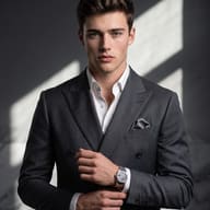 Cinematic Men's Portrait in Double-Breasted Suit AI Prompt. AI generated studio portrait of a young man in a charcoal grey double-breasted suit and white shirt, showing his watch against a dramatically lit wall.