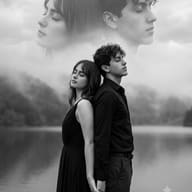 Black and White Double Exposure Portrait AI Photo Editing Prompt. AI generated surreal double exposure portrait of a monochrome couple standing back-to-back with eyes closed by a misty lake, featuring larger versions of their profile faces superimposed over the cloudy sky.