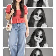 ChatGPT AI Prompt: Premium editorial collage showing a young woman in a coral top and jeans, combined with four greyscale portraits of her wearing round sunglasses.