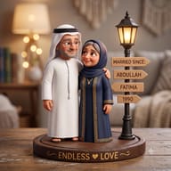 3D Pixar-Style Arab Couple Miniature Art AI Photo Editing Prompt. AI generated 3D illustration of a smiling senior Arab couple in traditional attire standing next to a vintage street lamp with custom name signboards on a wooden base.