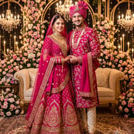 Indian Couple in Magenta and Gold Wedding Garments AI Photo Editing Prompt. AI generated staged portrait of an Indian bride and groom standing together in an opulent, floral-decorated wedding hall in matching magenta outfits.