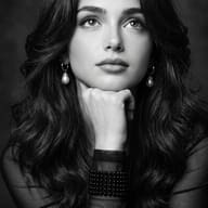 AI Image Prompt: Cinematic black and white photography featuring a thoughtful woman looking upward in a dark studio setting.