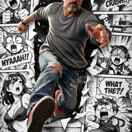 Image Prompt: Realistic man with glasses jumping out of a creative manga comic panel illusion.