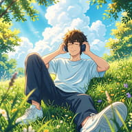 AI Prompt: Japanese anime style drawing of a young man with messy hair sitting on a grassy hillside enjoying music on headphones.