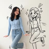 Woman with Doodle Art Overlay AI Photo Editing Prompt. AI generated mixed media portrait of a smiling woman in a blue cardigan and jeans posing beside her cartoon line art sketch.