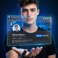 AI Photo Prompt: Young man in a dark studio holding a glowing cyan-bordered Facebook Page hologram card.
