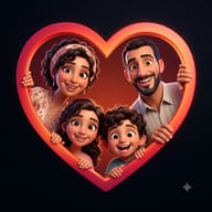 AI Prompt: Warmly lit 3D stylized cartoon of a Middle Eastern family gently holding the edges of a large heart-shaped frame.