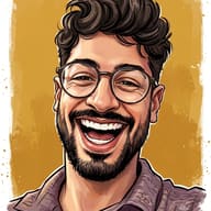 AI Image Prompt: Stylized caricature of a happy young man with a beard and curly hair wearing circular glasses and a patterned shirt.