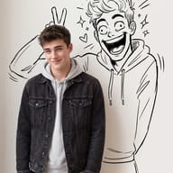 Doodle Art Photography AI Photo Editing Prompt. AI generated mixed media portrait of a smiling young man posing beside an excited cartoon doodle giving him bunny ears.