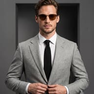 AI generated Cinematic medium-long portrait of a stylish guy with brown-tinted sunglasses adjusting his luxury suit jacket in a neutral studio.