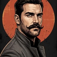 Comic Style Male Portrait Illustration AI Photo Editing Prompt. AI generated digital illustration of a handsome man with a serious expression in a comic book art style, set against an orange circle background.