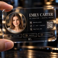 ChatGPT generated: Fingers holding a transparent crystal glass business card featuring a young woman's portrait.