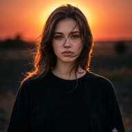 Female Sunset Portrait AI Photo Editing Prompt. AI generated portrait of a young woman with wind-swept brown hair and a black t-shirt, standing before a dramatic, fiery sunset.