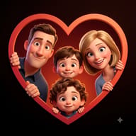 AI Prompt Prompt: Premium 3D cartoon render of a family of four playfully peeking out of a glowing heart-shaped frame.